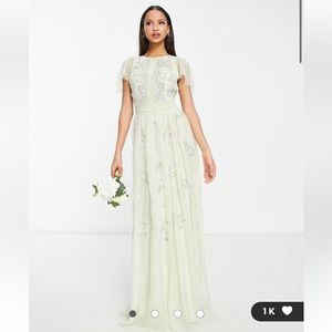 ASOS Bridesmaid pearl embellished flutter sleeve maxi dress floral embroidery